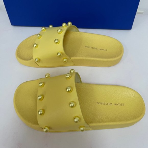 Stuart Weitzman Superstud Beaded Pool Slide Sandals in Lemon Color Size 5B NEW - Picture 4 of 7